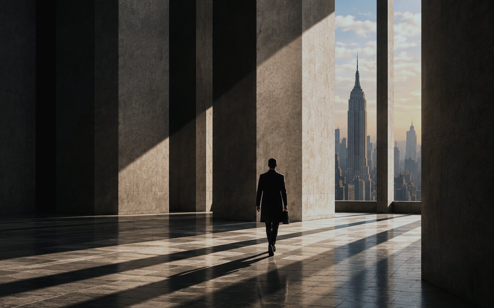 A figure in a coat walking through a sunlit stone hall toward a window framing the Empire State Building